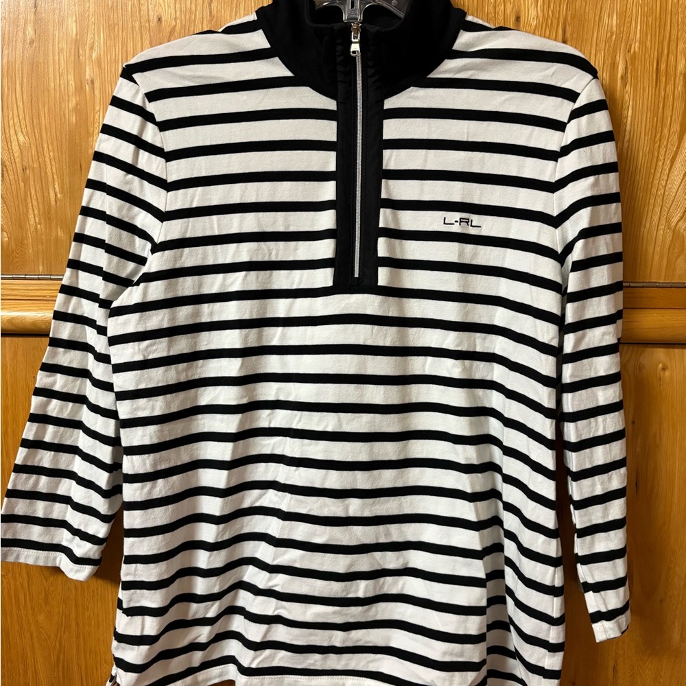 Women’s Ralph Lauren Active Black and White Striped Quarter Zip Top - Picture 2 of 5